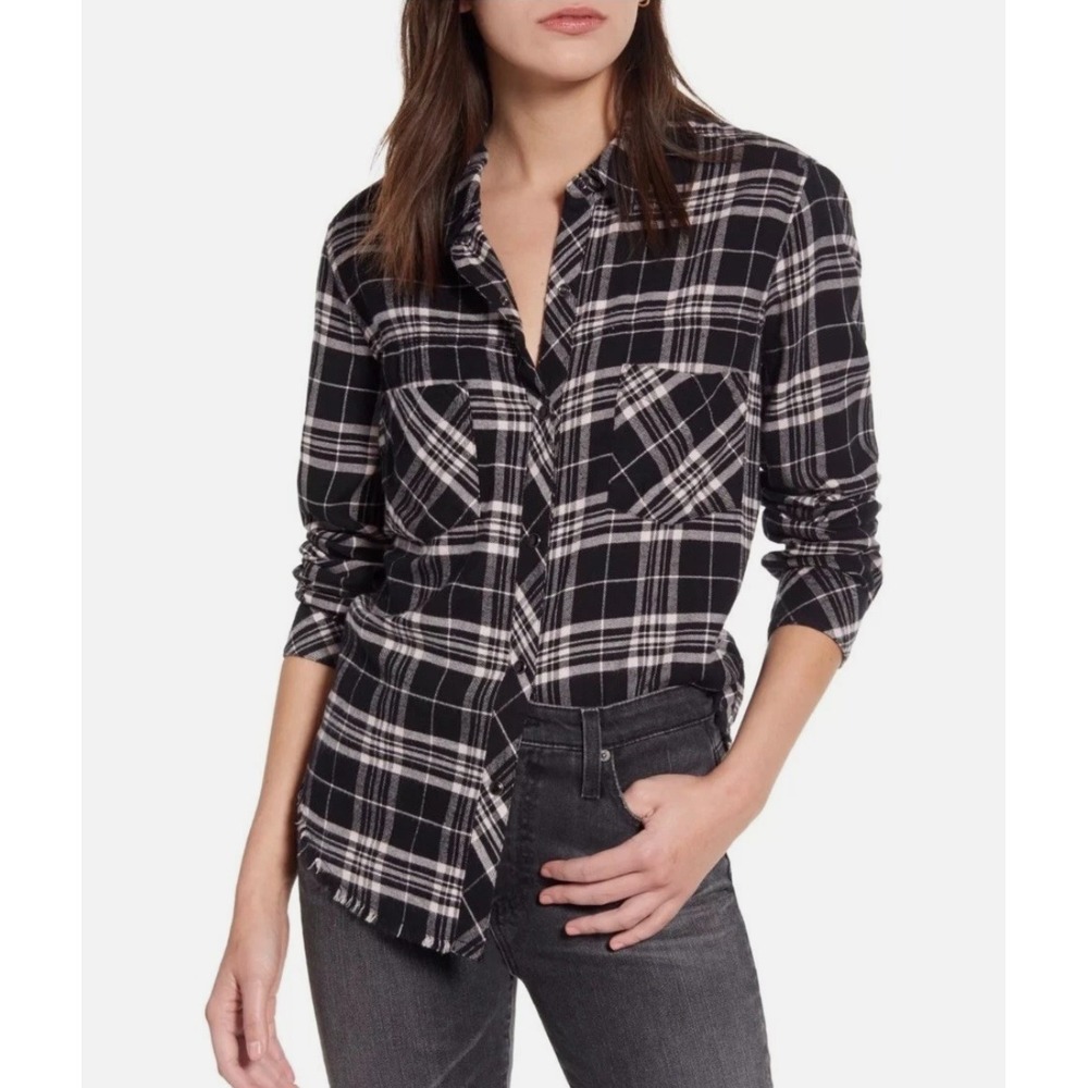 NEW Rails Shirt Womens M Leo Snap Button Raw Hem Flannel Top Black Pink Plaid